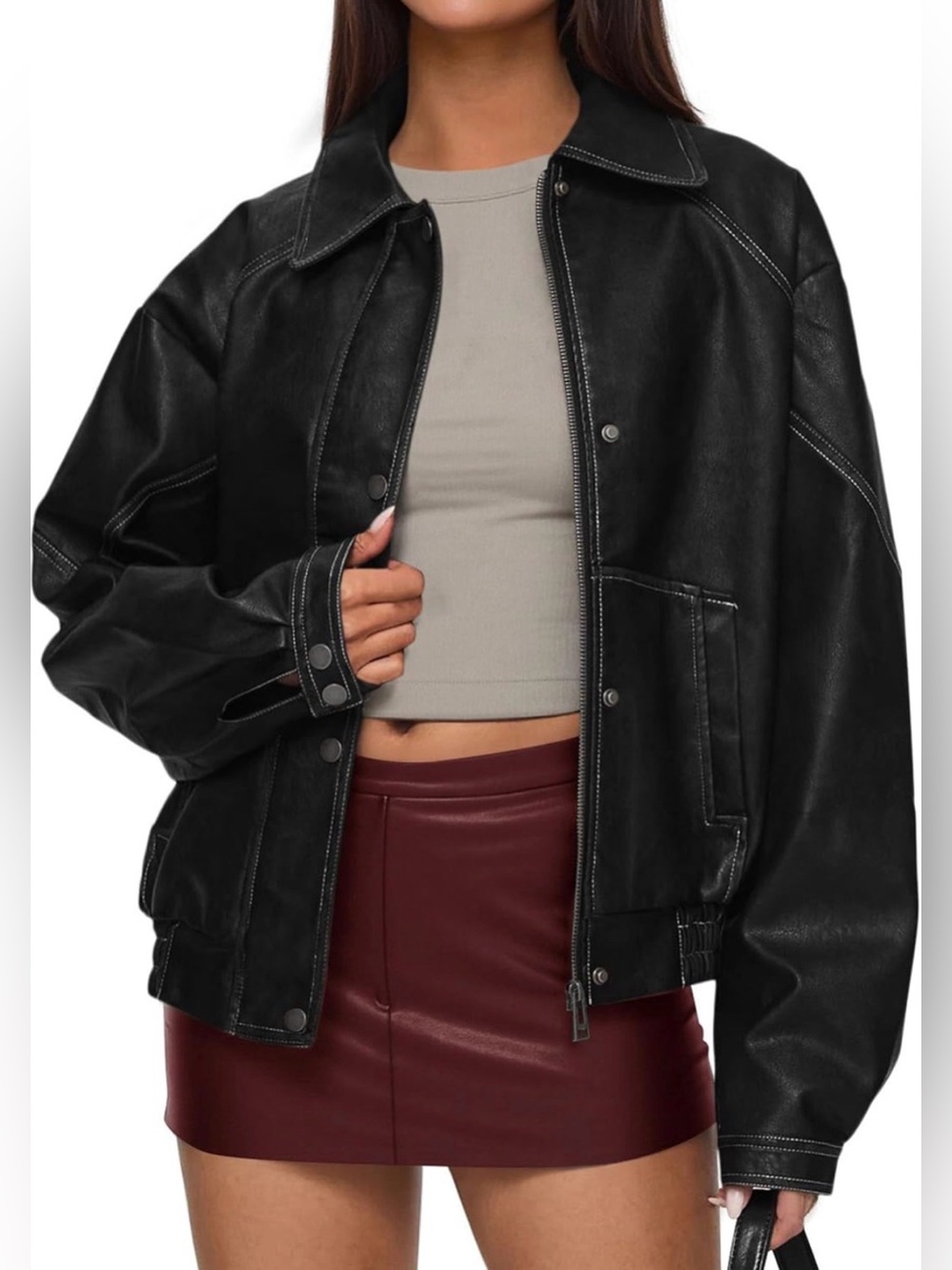 Women's Black Faux Leather Zip Jacket - Classic Oversized jacket